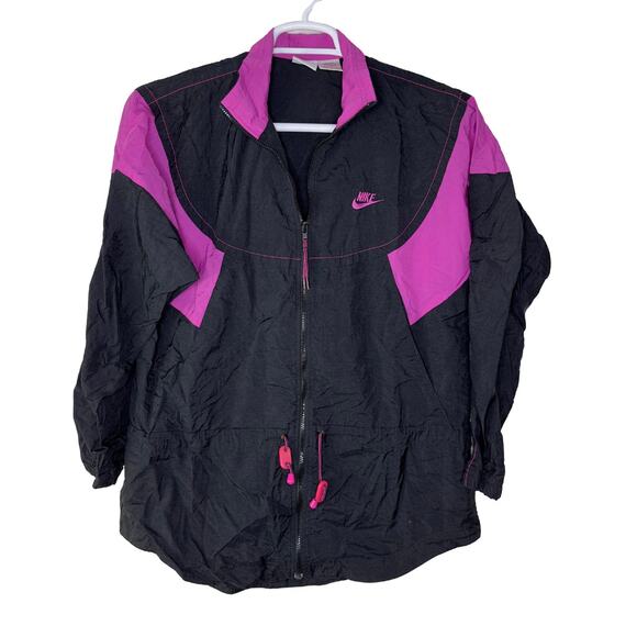 Vintage Nike Women's Large Windbreaker Jacket Full Zip Black Pink Athletic‎ 90s - Picture 1 of 4
